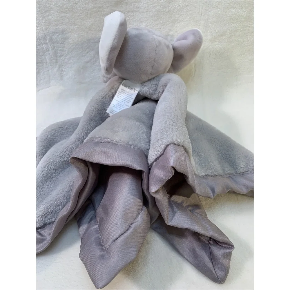 Carters Grey Gray Elephant Security Blanket Soft Velour Satin Baby Lovey Toy‎